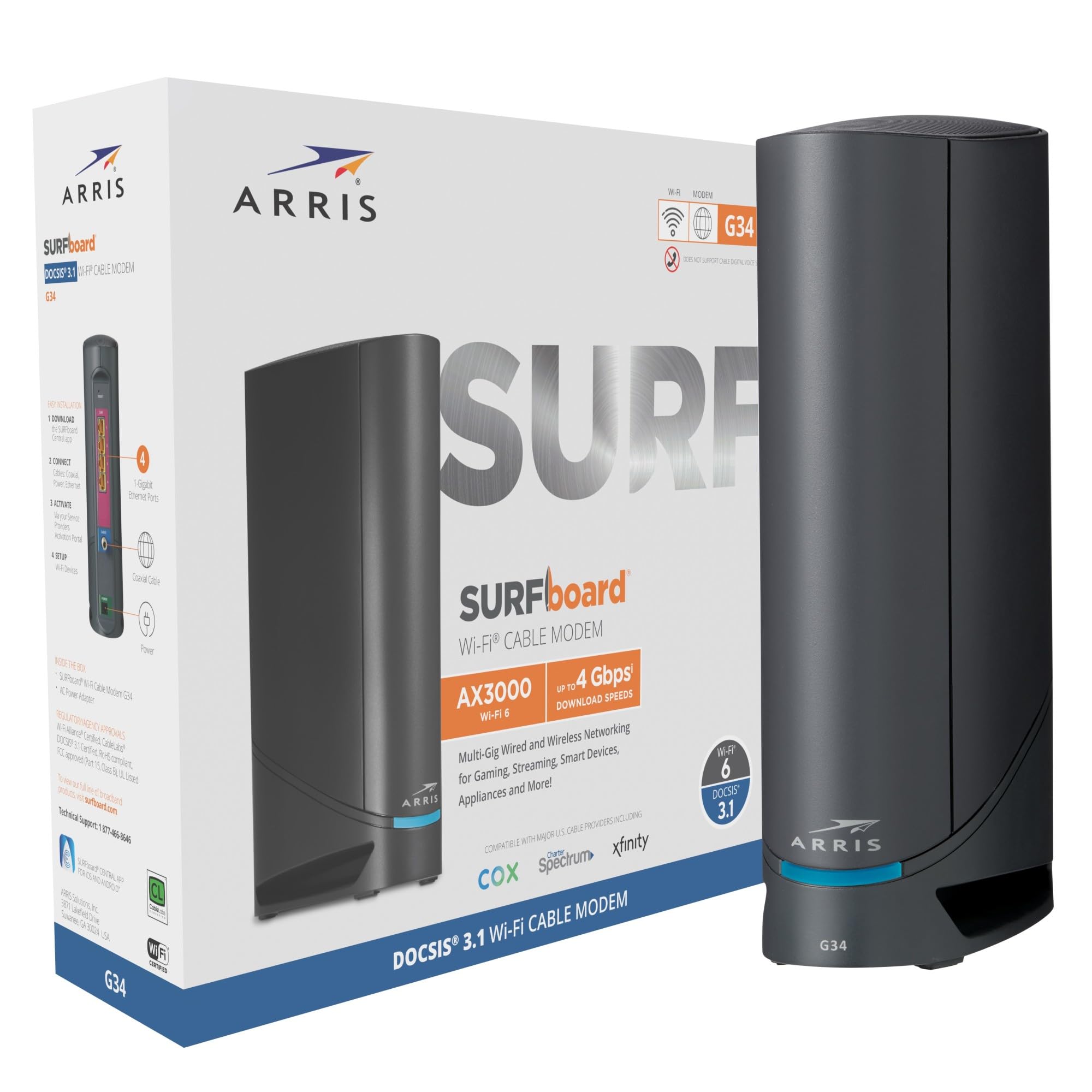 Arris (G34)   Cable Modem Router Combo   Fast Docsis 3.1 Gigabit Wifi 6 (Ax3000), Approved For Comcast Xfinity, Cox, Spectrum &